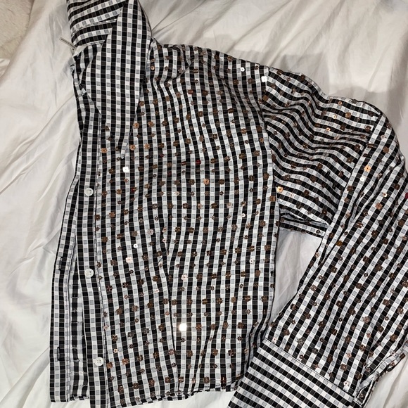 grey lab checkered sequin cropped button down size large NWOT - Picture 1 of 4